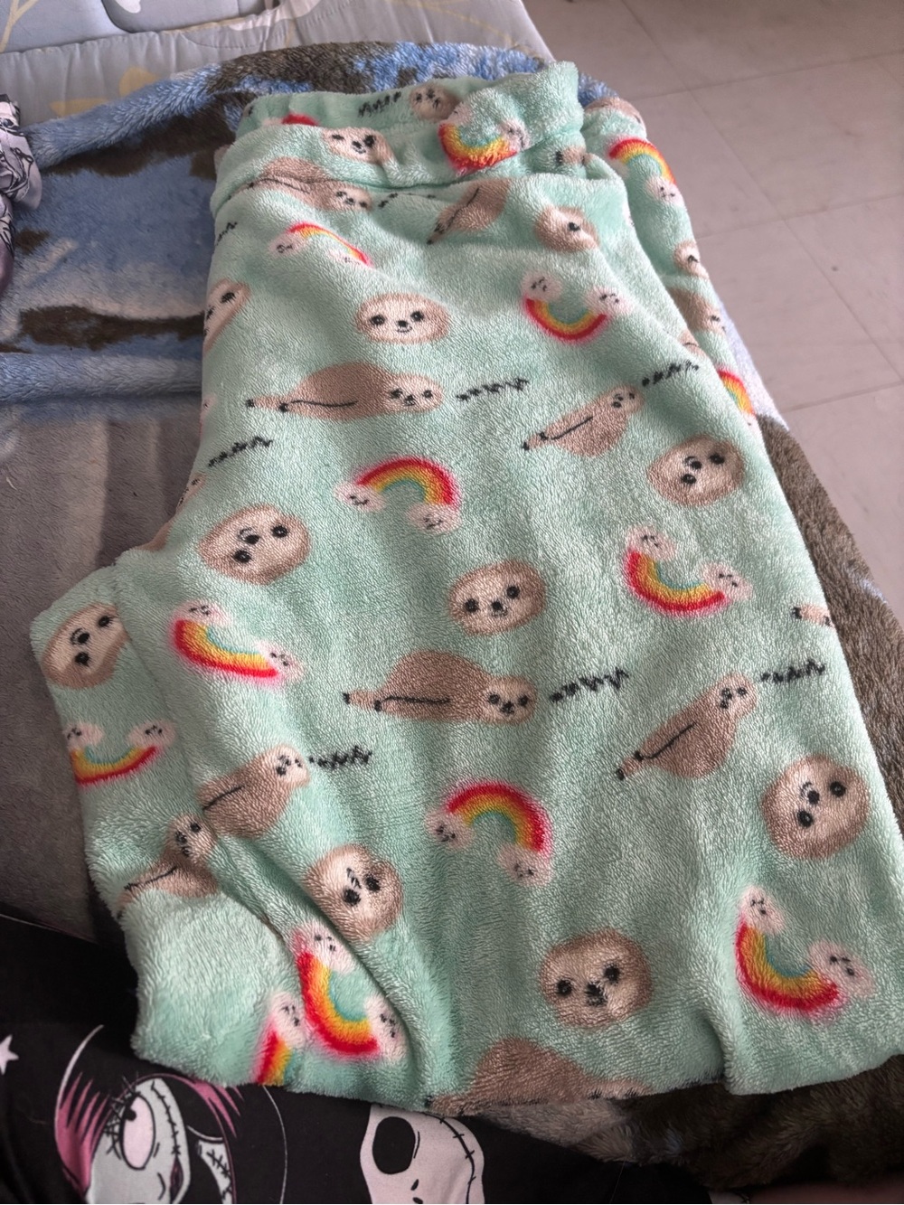 Womens Mint Green Sloth & Rainbow Plush Pajama Pants